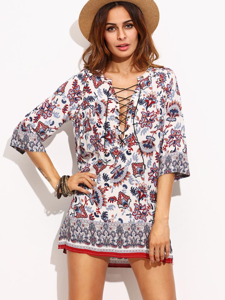 Romwe Multicolor Ornate Print Lace Up Tunic Dress