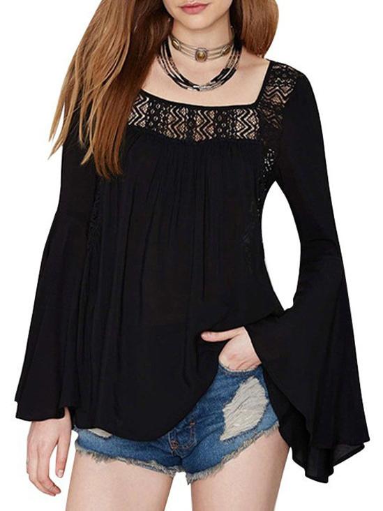Romwe Square Neck Bell Sleeve Chiffon Blouse