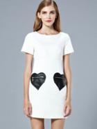 Romwe White Round Neck Short Sleeve Contrast Pu Zip Pockets Dress