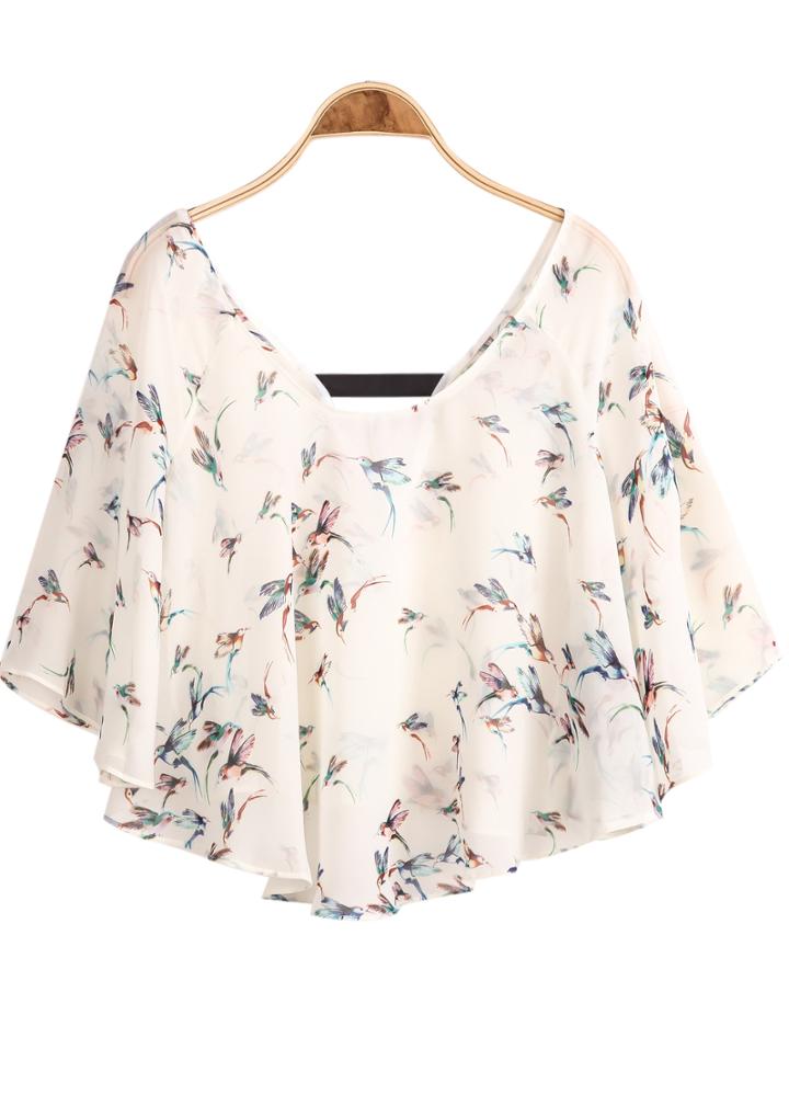 Romwe Scoop Neck Birds Print Batwing Chiffon Blouse