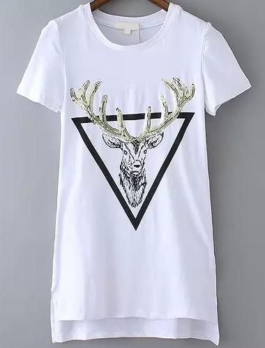 Romwe Dip Hem With Sequined Deer Print White T-shirt
