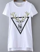 Romwe Dip Hem With Sequined Deer Print White T-shirt