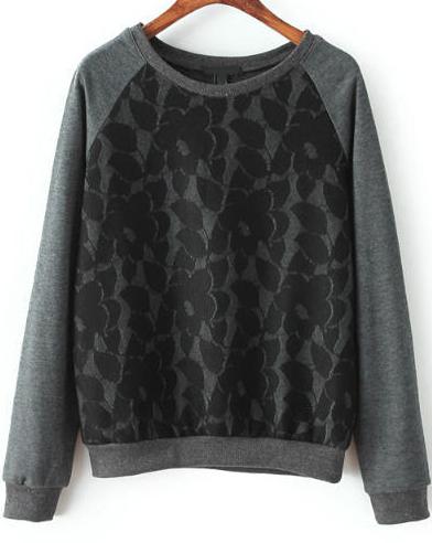 Romwe Black Round Neck Long Sleeve Lace Sweatshirt