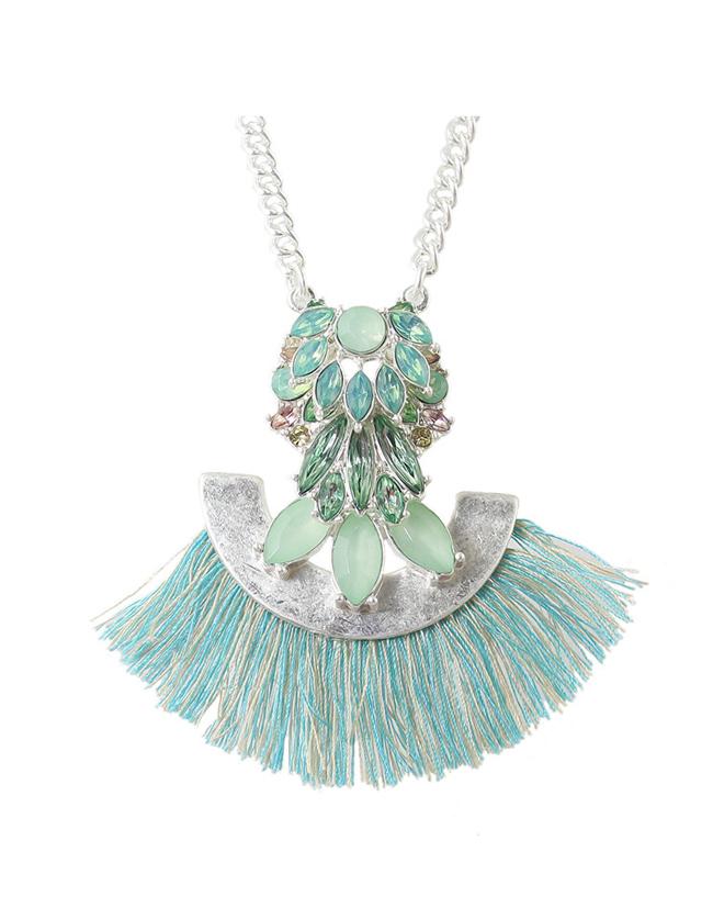 Romwe Green Rhinestone Tassel Long Necklace