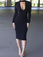 Romwe Long Sleeve Open Front Tight Black Dress