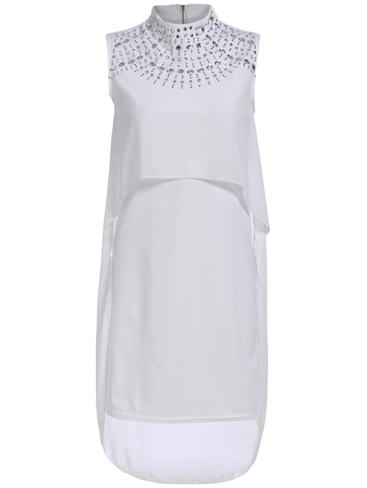 Romwe Stand Collar With Diamond Chiffon High Low White Dress