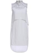 Romwe Stand Collar With Diamond Chiffon High Low White Dress