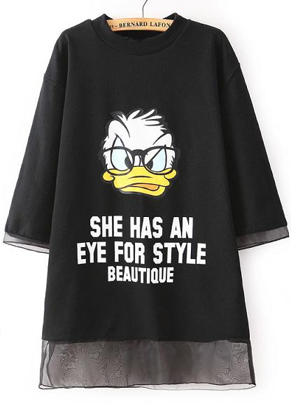 Romwe Black Donald Duck Letters Print Sheer Mesh Sweatshirt
