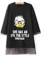 Romwe Black Donald Duck Letters Print Sheer Mesh Sweatshirt