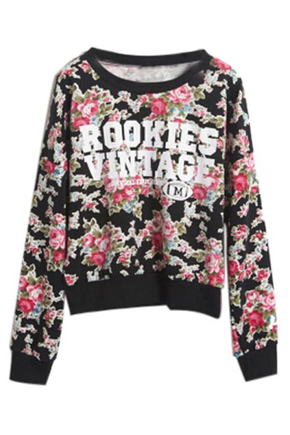 Romwe Letters And Floral Print Dual-toned Sweatshirt