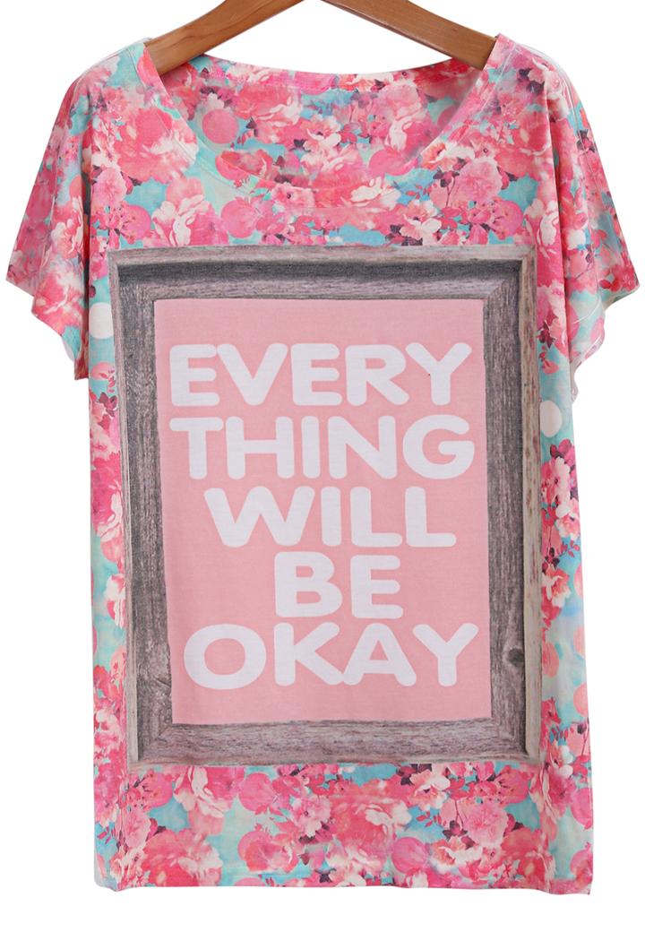 Romwe Letter Floral Print T-shirt