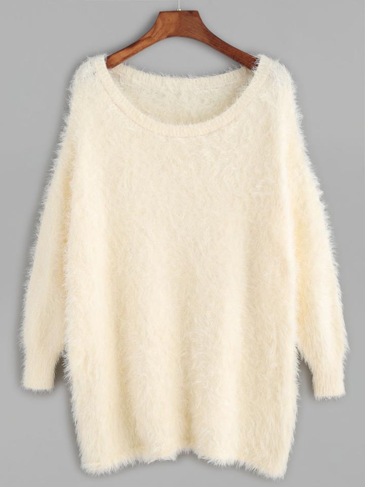 Romwe Apricot Scoop Neck Fluffy Sweater