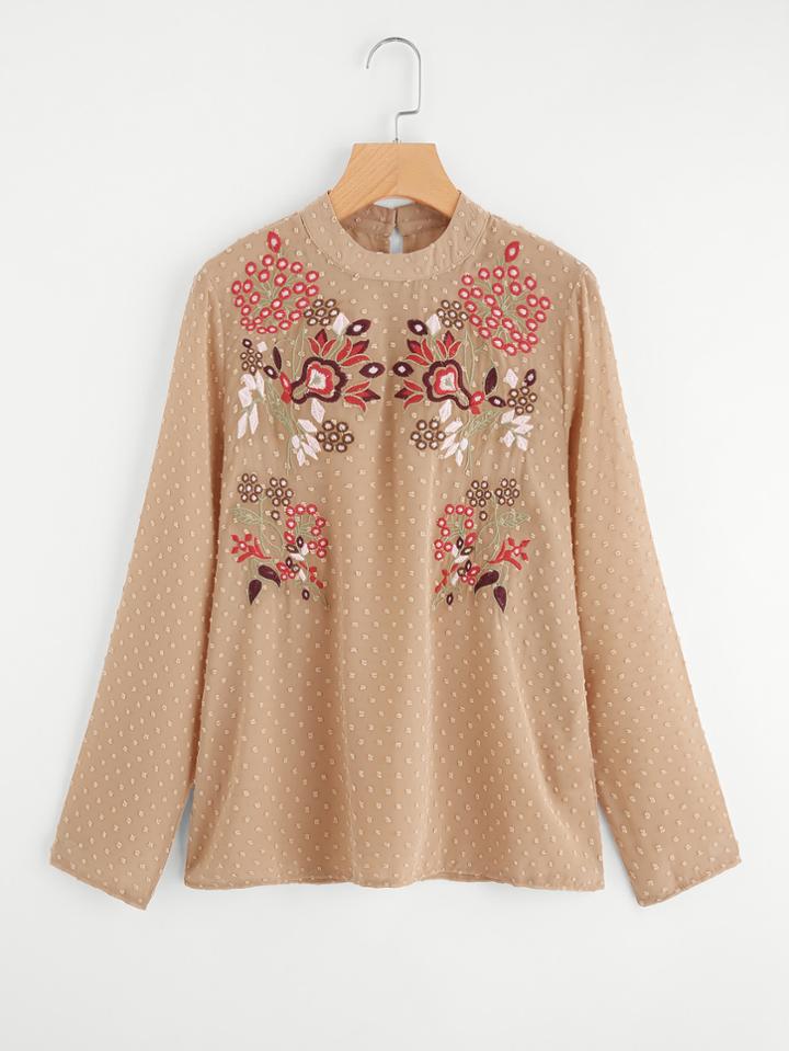 Romwe Embroidery Button Keyhole Back Dot Mesh Top