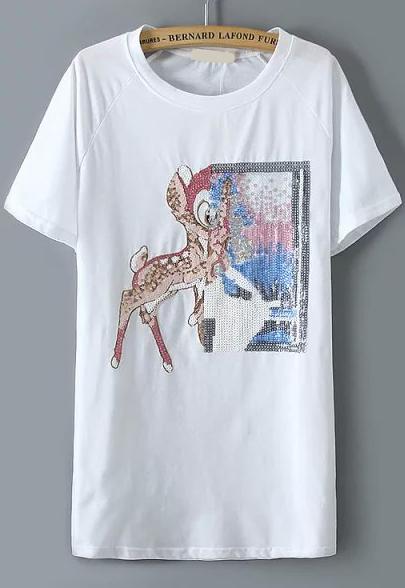 Romwe With Sequined Embroidered Deer Pattern T-shirt