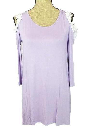 Romwe Contrast Lace Open Shoulder Shift Purple Dress