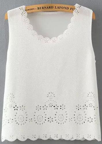 Romwe Scalloped Neck Hollow White Tank Top