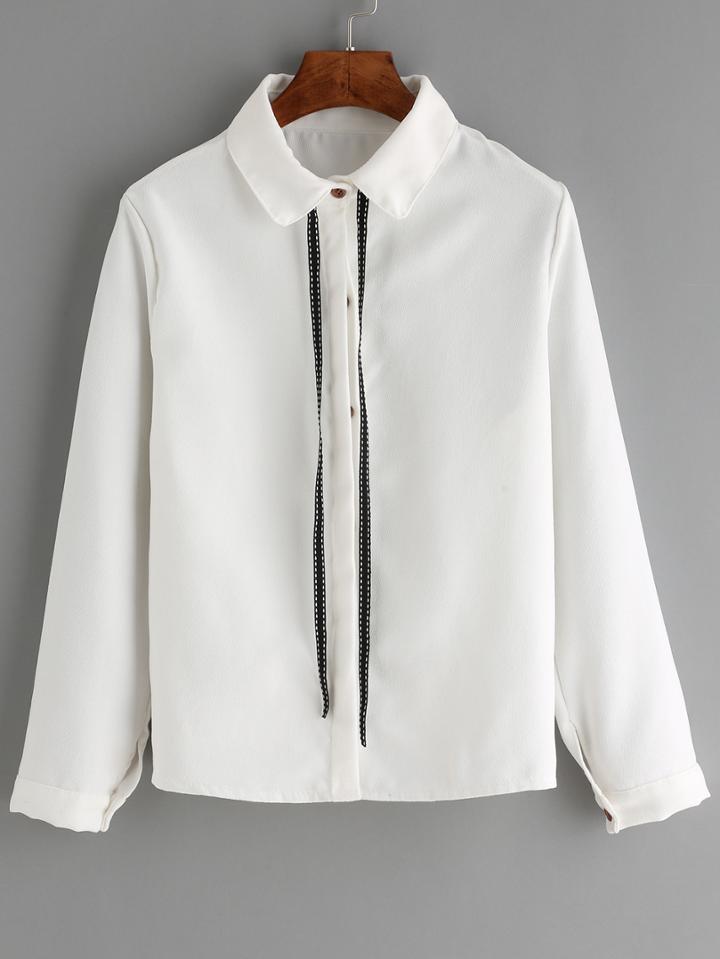 Romwe Lapel Tie Corduroy White Blouse