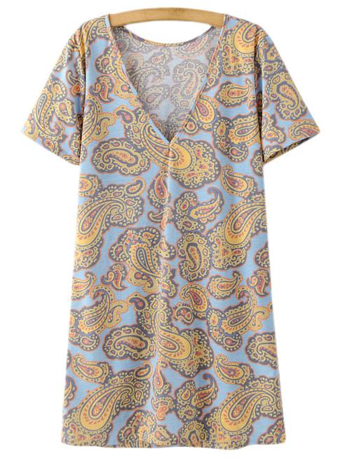 Romwe Multicolor Short Sleeve V Neck Cashew Flowers Print Dress