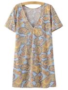 Romwe Multicolor Short Sleeve V Neck Cashew Flowers Print Dress