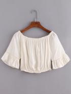 Romwe Off-the-shoulder Ruffled Sleeve Crop Top - White