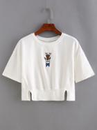 Romwe Elk Embroidered Slit Ribbed Hem Crop T-shirt