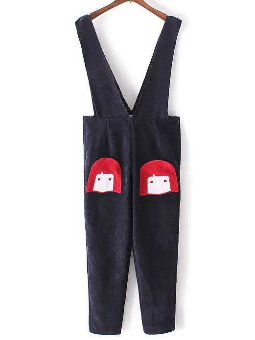 Romwe Navy Embroidery Zipper Side Pocket Overalls