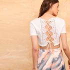 Romwe Contrast Lace Lace Up Back Rib-knit Crop Tee