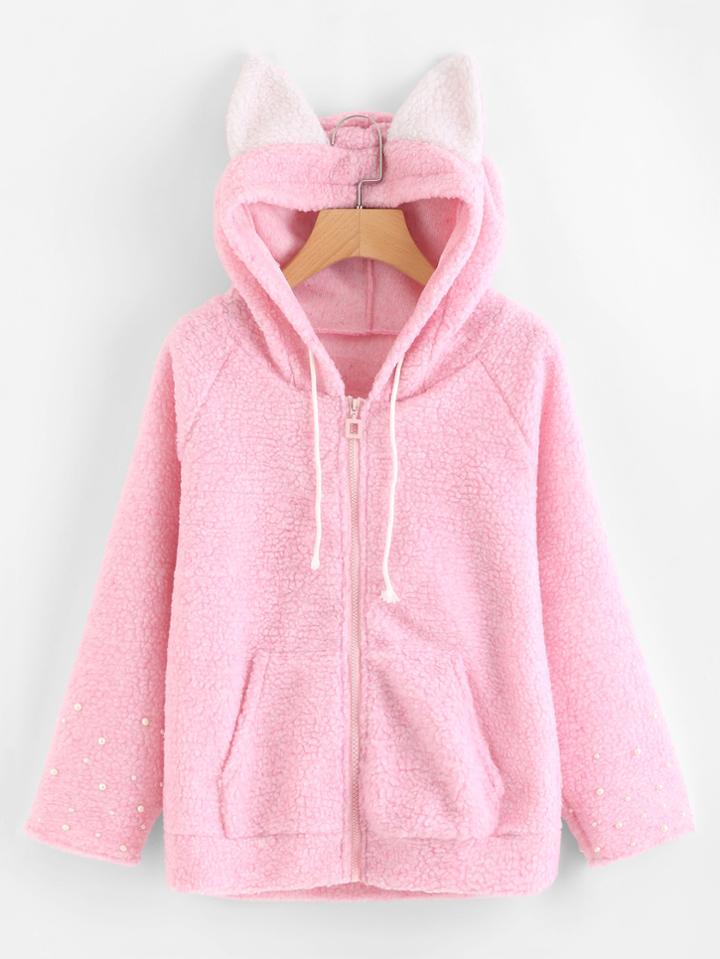 Romwe Pearl Beaded Contrast Ear Hooded Fluffy Jacket
