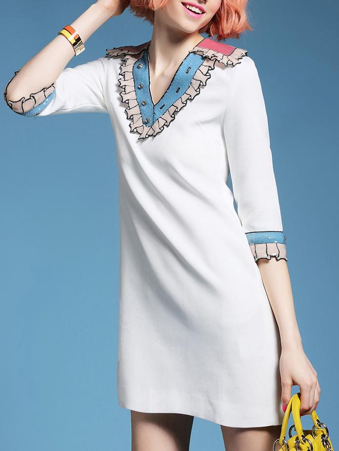 Romwe White V Neck Sequined Pockets Shift Dress