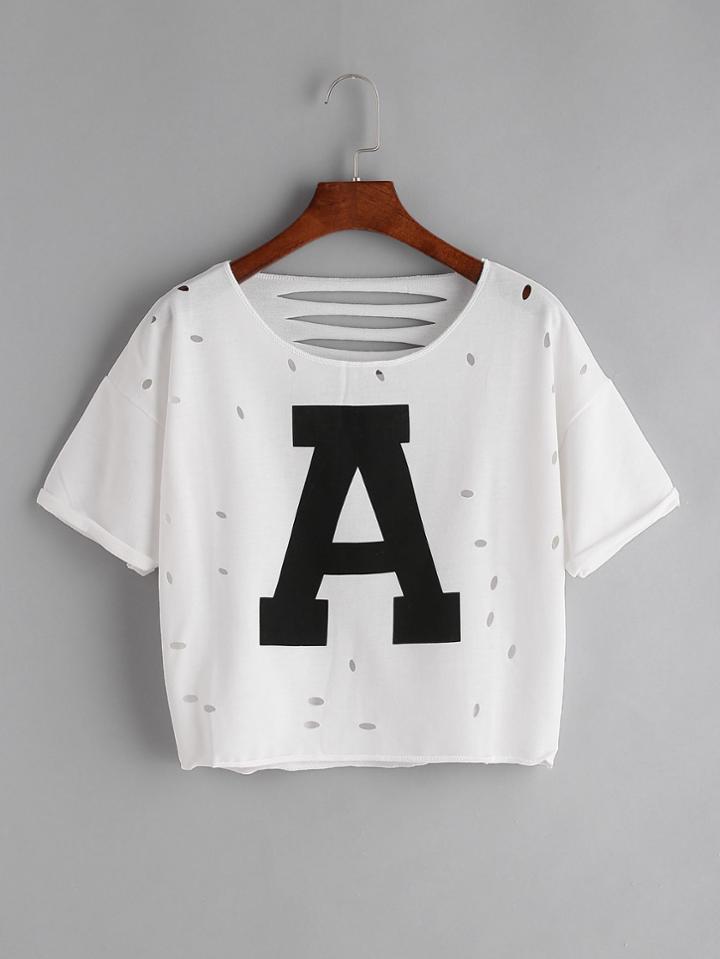 Romwe White Letter Print Cut Out Back Crop T-shirt