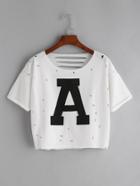 Romwe White Letter Print Cut Out Back Crop T-shirt