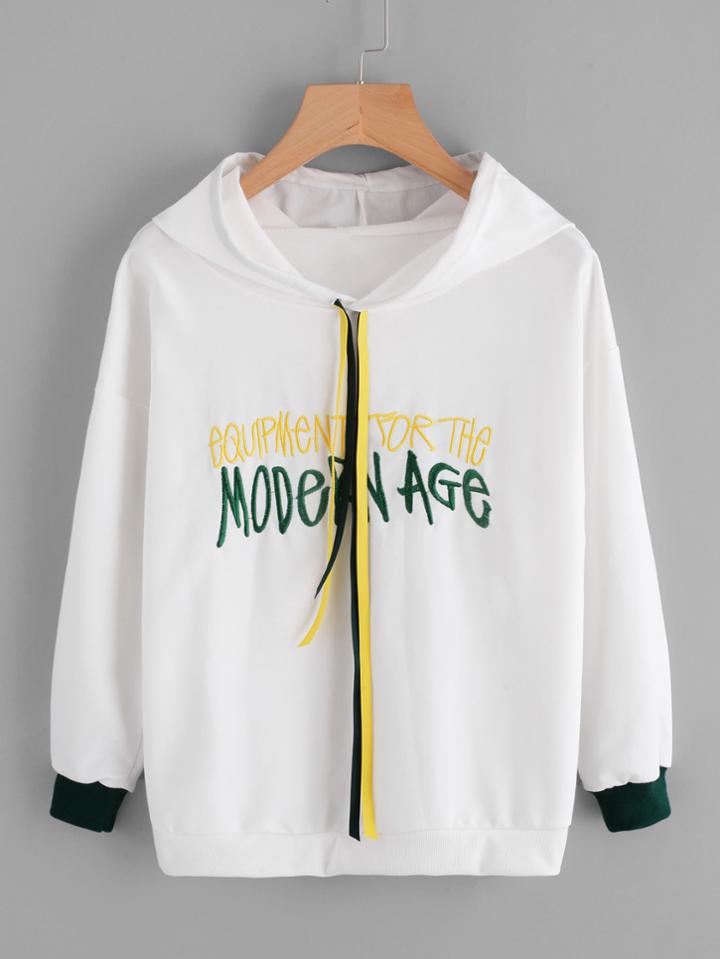 Romwe Slogan Embroidered Contrast Trim Drawstring Hoodie