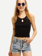 Romwe Keyhole Neck Ribbed Crop Cami Top - Black