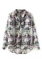 Romwe V-neck Crossed Front Floral Print Shirt