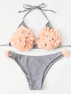 Romwe Flower Applique Self Tie Bikini Set