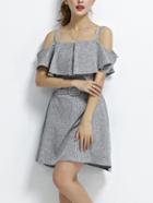 Romwe Grey Belted Ruffled Cold Shoulder Dress