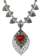 Romwe Red Gemstone Silver Leaf Necklace
