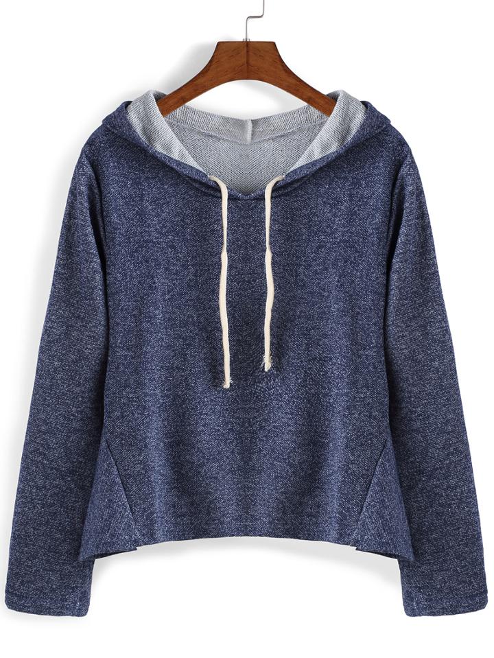 Romwe Hooded Drawstring Ruffle Blue Sweatshirt