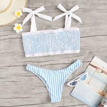 Romwe Smocked Tie Shoulder Top With Cheeky Bikini Set