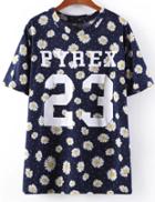 Romwe Daisy 23 Print Navy T-shirt