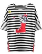 Romwe Black White Striped Shoes Cat Print T-shirt