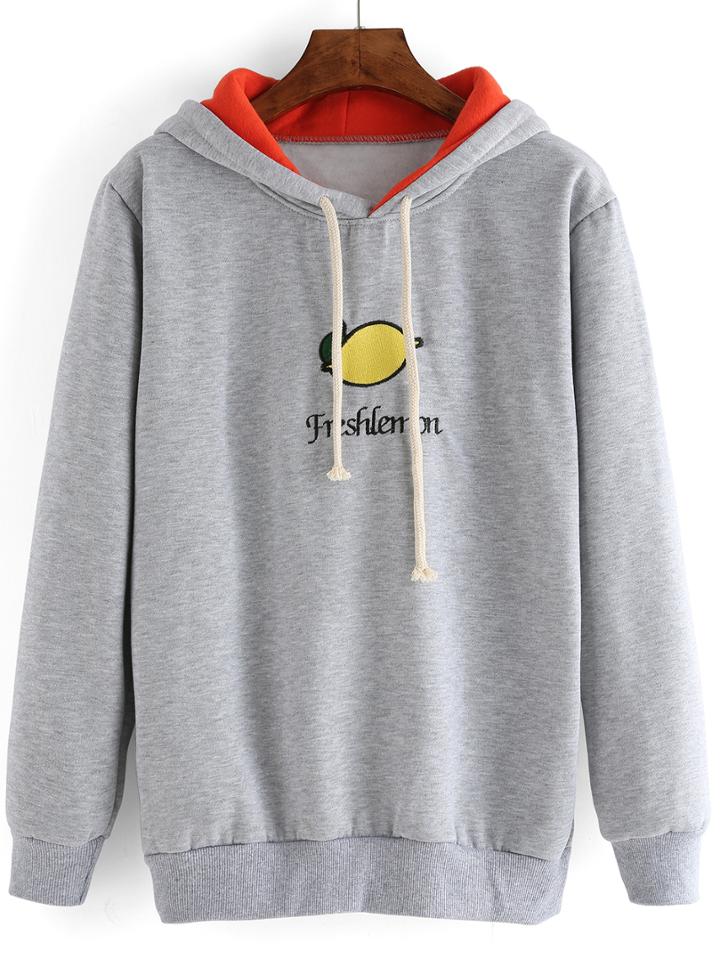 Romwe Hooded Drawstring Lemon Embroidered Sweatshirt