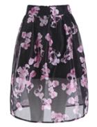 Romwe Plum Blossom Print Flare Black Skirt