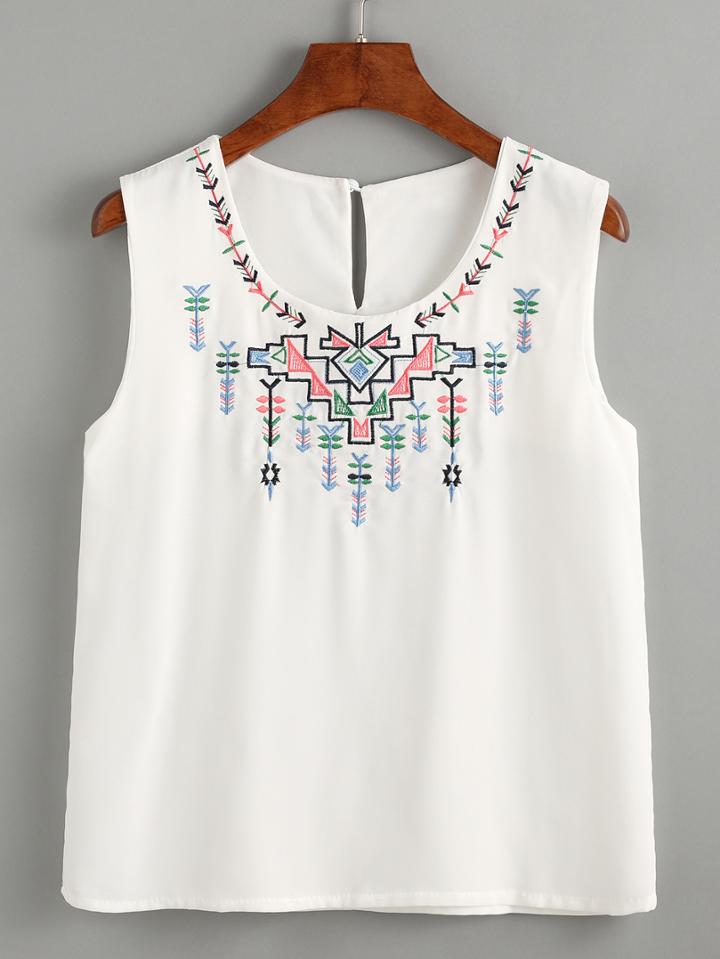 Romwe White Keyhole Back Embroidered Tank Top
