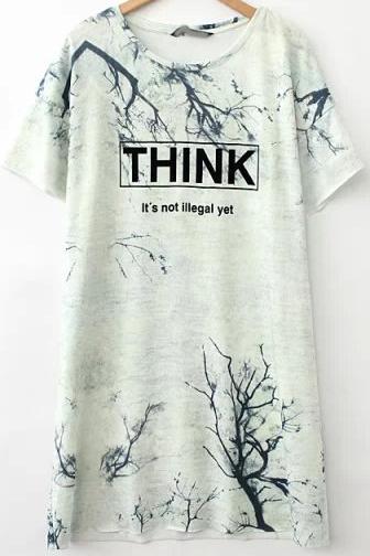 Romwe Grey Short Sleeve Branch Think Print Dress