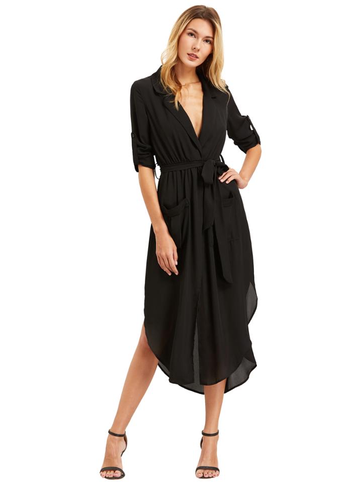 Romwe Black Lapel Self-tie High Low Chiffon Dress With Pockets
