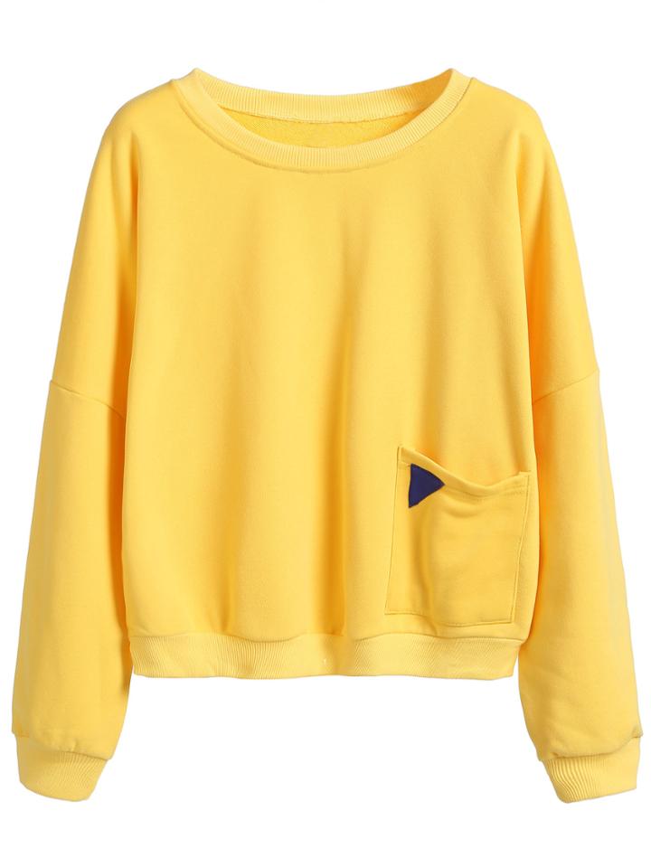 Romwe Yellow Dropped Shoulder Seam Patch Pocket Sweatshirt