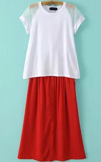 Romwe Short Sleeve Mesh Top With Single-breasted Chiffon Skirt