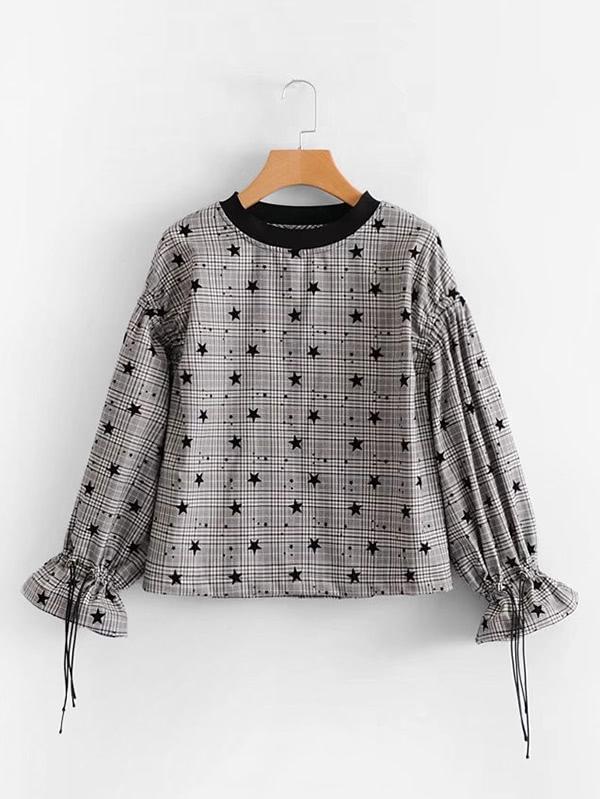 Romwe Star Print Fluted Sleeve Top