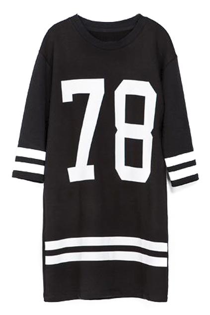 Romwe 78 Print Round Neck Cropped Sleeves Black Dress